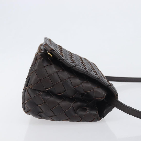 BOTTEGA VENETA INTRECCIATO Shoulder Bag Leather Dark Brown Gold Auth 198694V