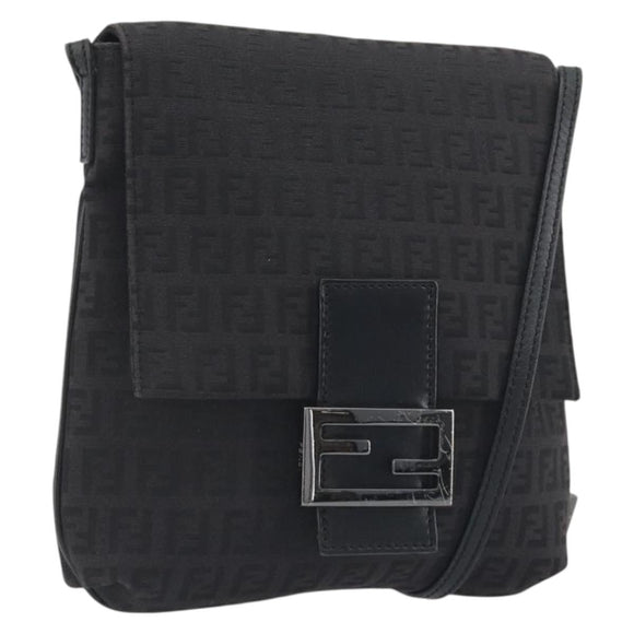 FENDI Zucchino Canvas Mamma Baguette Shoulder Bag Black Auth 198707A