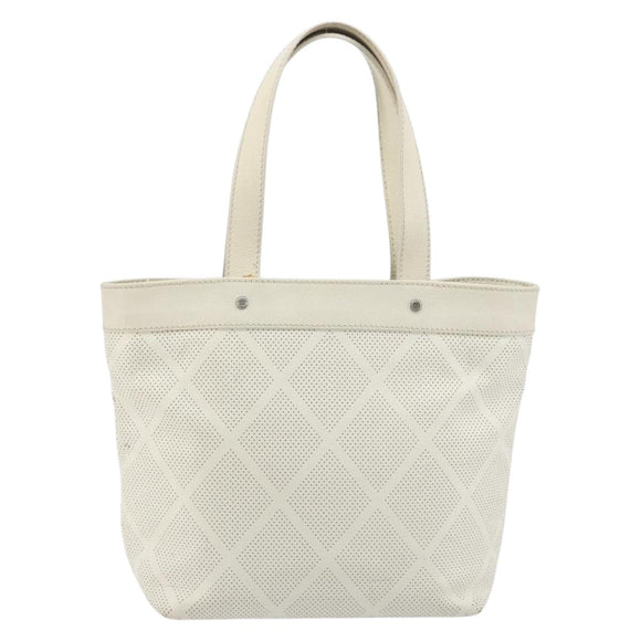CHANEL Tote Bag Punching Leather White Silver CC Auth 198721A