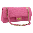 CHANEL 2.55 Chain Shoulder Bag Cotton Jersey Pink Gold CC Auth 198733M-1