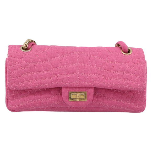 CHANEL 2.55 Chain Shoulder Bag Cotton Jersey Pink Gold CC Auth 198733M