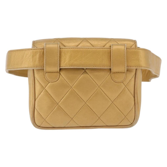 CHANEL Matelasse Waist Bag Lamb Skin Gold CC Auth 198737