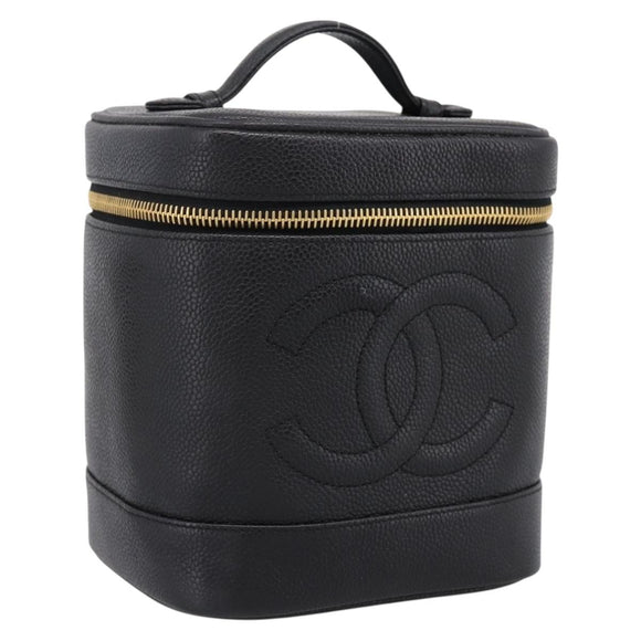 CHANEL COCO Mark Vanity Hand Bag Caviar Skin Black Gold CC Auth 198746V
