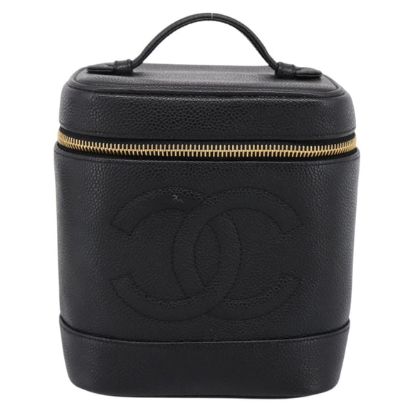CHANEL COCO Mark Vanity Hand Bag Caviar Skin Black Gold CC Auth 198746V