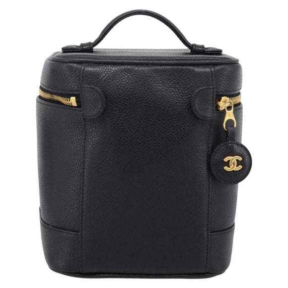 CHANEL COCO Mark Vanity Hand Bag Caviar Skin Black Gold CC Auth 198746V