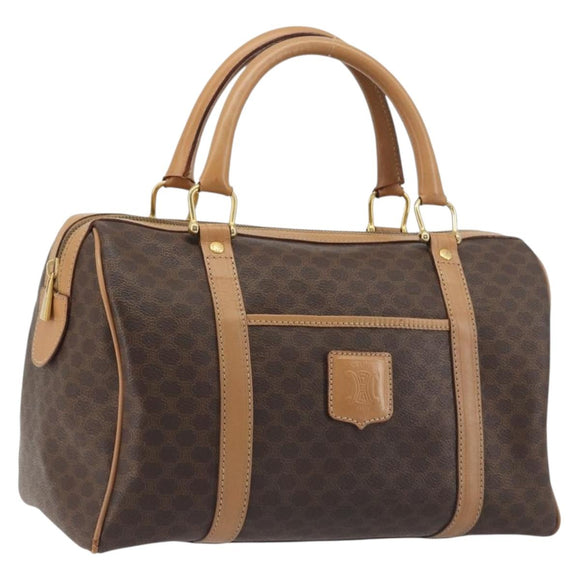 CELINE Macadam Canvas Boston Bag PVC Leather Brown Gold Auth 198748