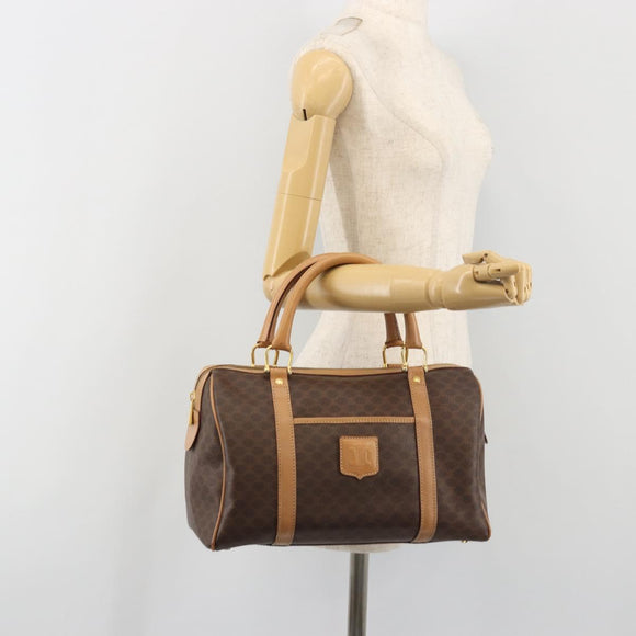 CELINE Macadam Canvas Boston Bag PVC Leather Brown Gold Auth 198748