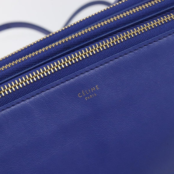 CELINE Trio Shoulder Bag Leather Blue Gold Auth 198751