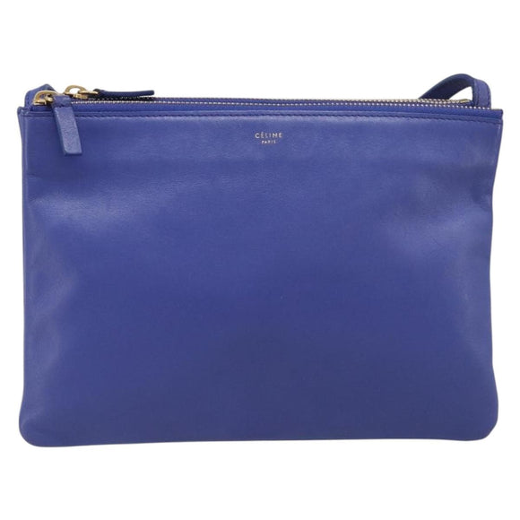 CELINE Trio Shoulder Bag Leather Blue Gold Auth 198751