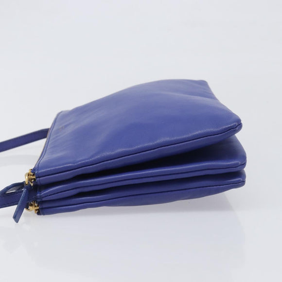 CELINE Trio Shoulder Bag Leather Blue Gold Auth 198751