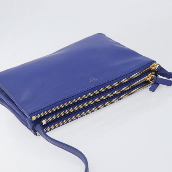 CELINE Trio Shoulder Bag Leather Blue Gold Auth 198751