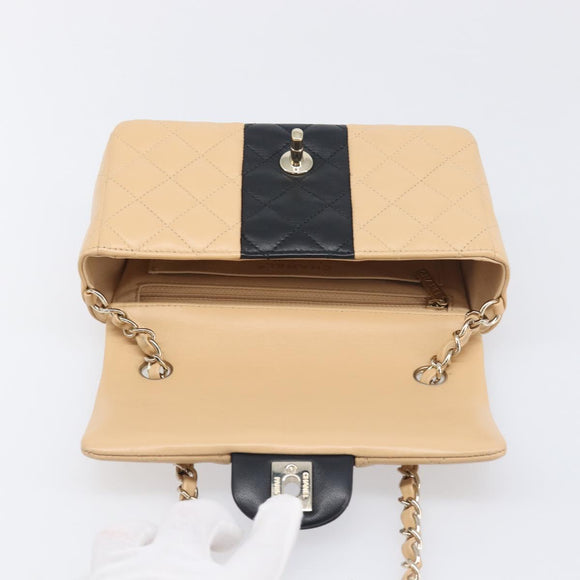 CHANEL Mini Matelasse Chain Shoulder Bag Lamb Skin Beige Gold CC Auth 198755SAM