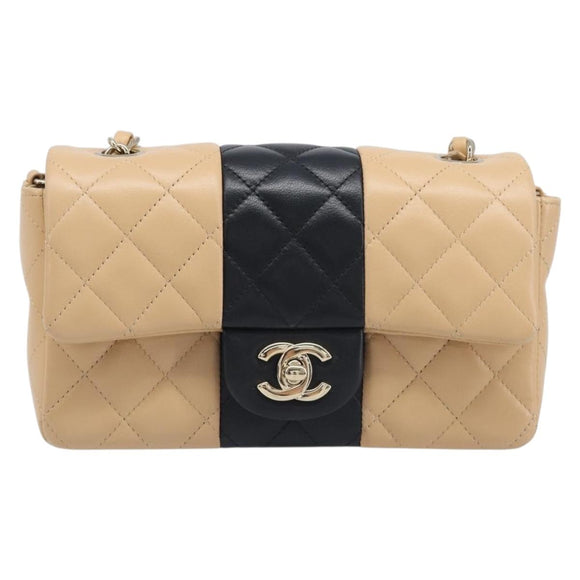 CHANEL Mini Matelasse Chain Shoulder Bag Lamb Skin Beige Gold CC Auth 198755SAM