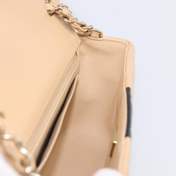 CHANEL Mini Matelasse Chain Shoulder Bag Lamb Skin Beige Gold CC Auth 198755SAM