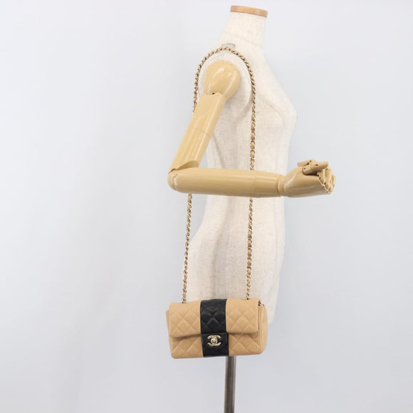 CHANEL Mini Matelasse Chain Shoulder Bag Lamb Skin Beige Gold CC Auth 198755SAM