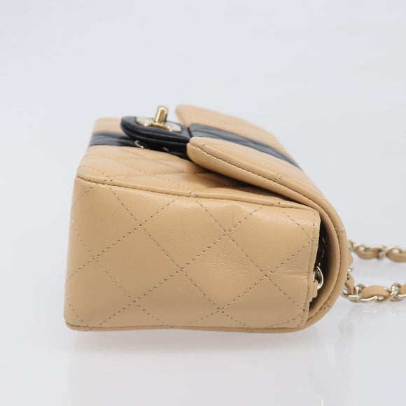CHANEL Mini Matelasse Chain Shoulder Bag Lamb Skin Beige Gold CC Auth 198755SAM