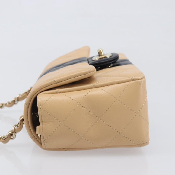 CHANEL Mini Matelasse Chain Shoulder Bag Lamb Skin Beige Gold CC Auth 198755SAM