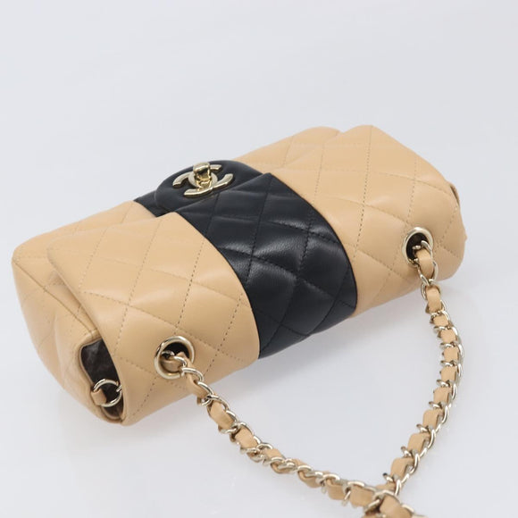 CHANEL Mini Matelasse Chain Shoulder Bag Lamb Skin Beige Gold CC Auth 198755SAM