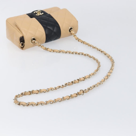 CHANEL Mini Matelasse Chain Shoulder Bag Lamb Skin Beige Gold CC Auth 198755SAM