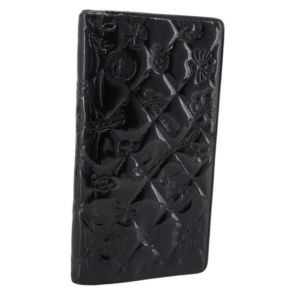 CHANEL Icon line Long Wallet Patent leather Black CC Auth 198760