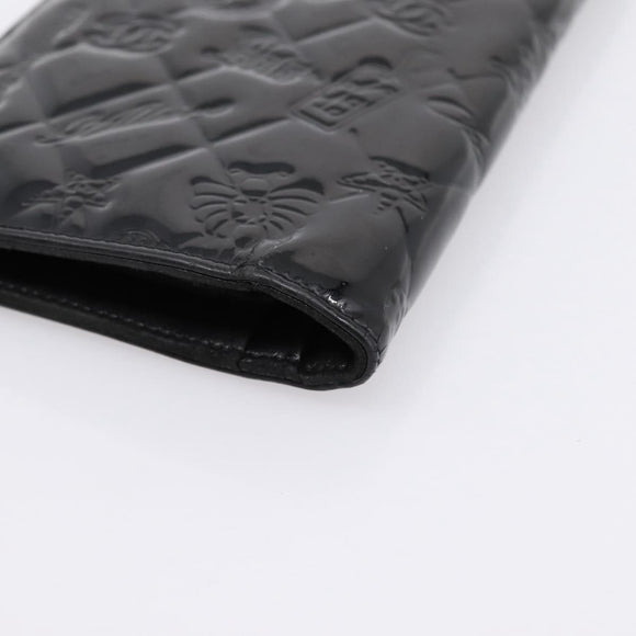CHANEL Icon line Long Wallet Patent leather Black CC Auth 198760