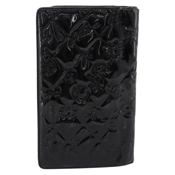 CHANEL Icon line Long Wallet Patent leather Black CC Auth 198760