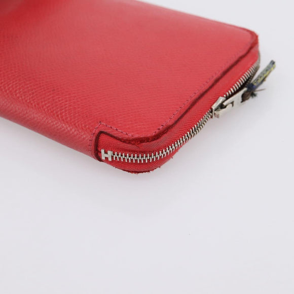 HERMES Azap Long Silk Inn Long Wallet Leather Red Silver Auth 198763