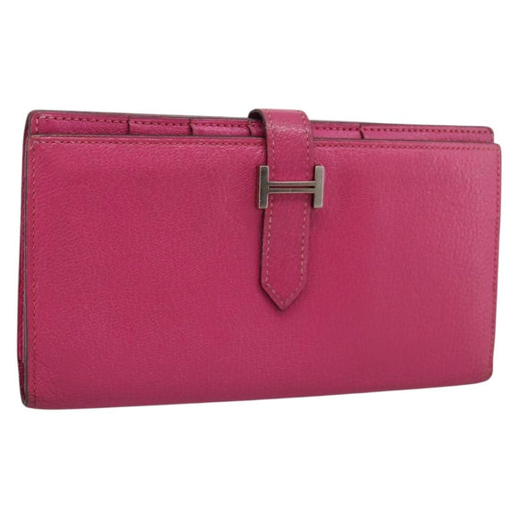 HERMES Beansufla Wallet Leather Pink Silver Auth 198769A
