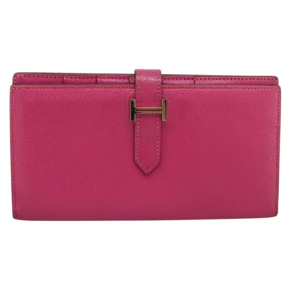 HERMES Beansufla Wallet Leather Pink Silver Auth 198769A