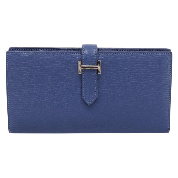 HERMES Bearn Soufflet Wallet Leather Blue Silver Auth 198789V