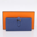 HERMES Bearn Soufflet Wallet Leather Blue Silver Auth 198789V-22