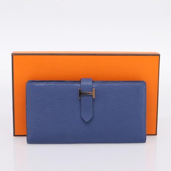HERMES Bearn Soufflet Wallet Leather Blue Silver Auth 198789V