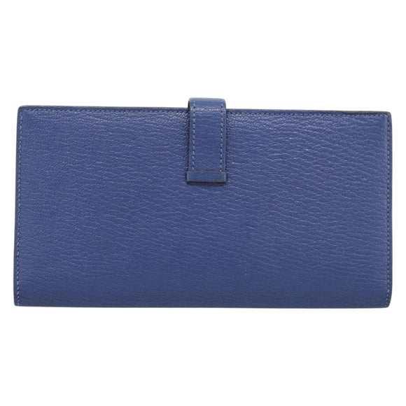 HERMES Bearn Soufflet Wallet Leather Blue Silver Auth 198789V