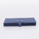 HERMES Bearn Soufflet Wallet Leather Blue Silver Auth 198789V-6