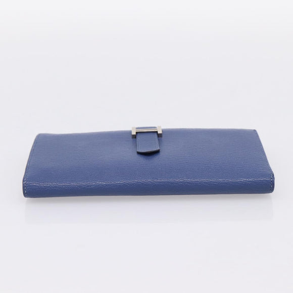 HERMES Bearn Soufflet Wallet Leather Blue Silver Auth 198789V