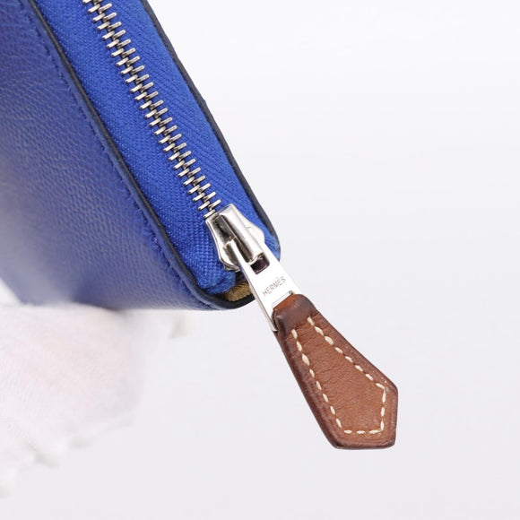 HERMES Azap Compact Silk In Wallet Leather Blue Silver Auth 198794V