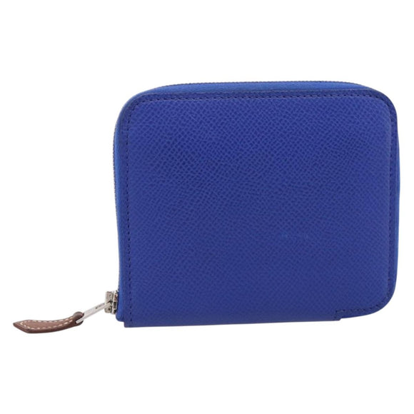 HERMES Azap Compact Silk In Wallet Leather Blue Silver Auth 198794V