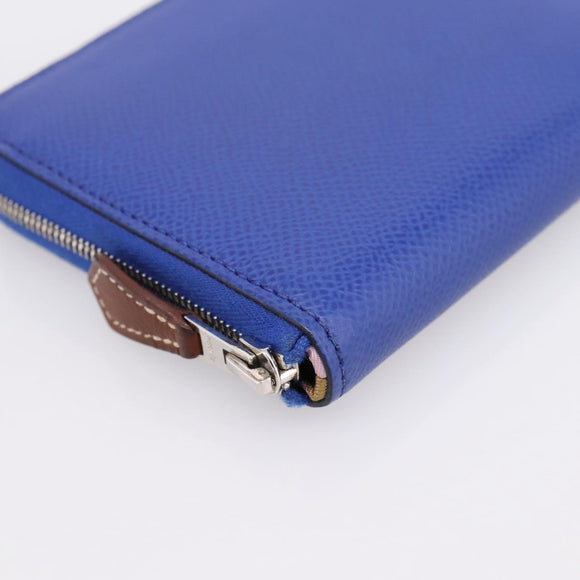 HERMES Azap Compact Silk In Wallet Leather Blue Silver Auth 198794V