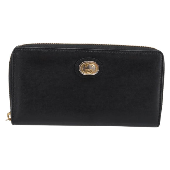 GUCCI Interlocking G Long Wallet Leather Black Gold Auth 198800V