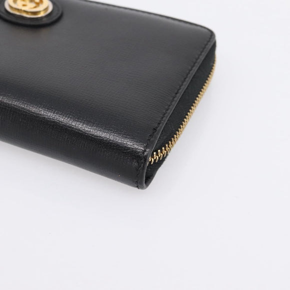 GUCCI Interlocking G Long Wallet Leather Black Gold Auth 198800V