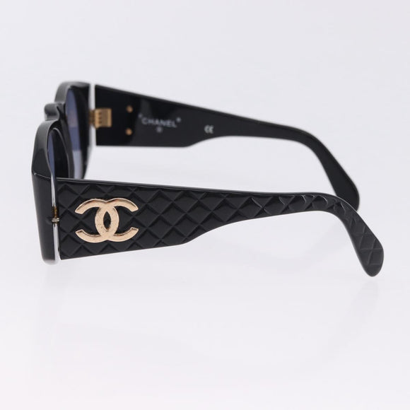 CHANEL COCO Mark Matelasse Sunglasses Plastic Black Gold CC Auth 198824