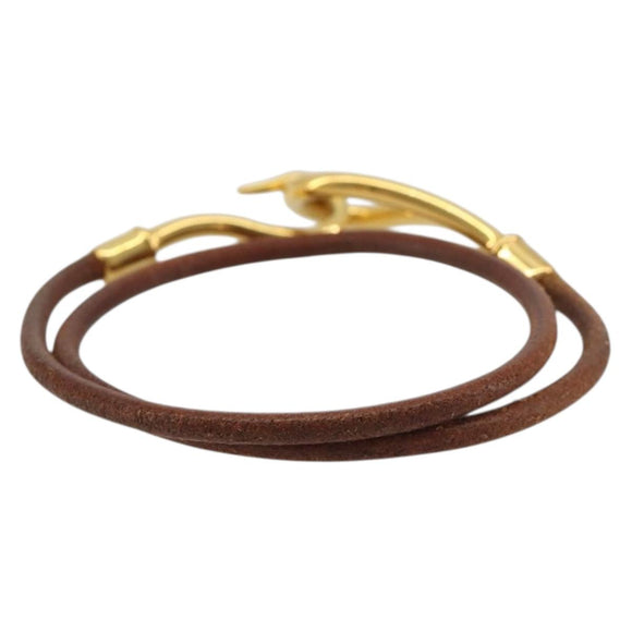 HERMES Jumbo Choker Bracelet Leather Metal Brown Gold Tone Auth 198837A