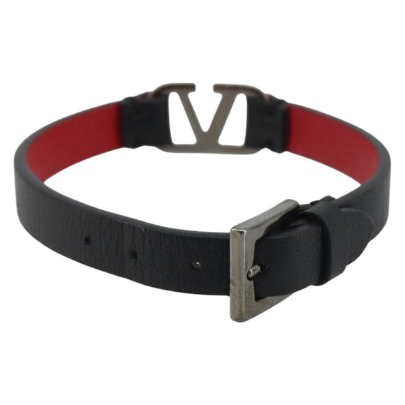 VALENTINO Bracelet Leather Black Silver Auth 198840A