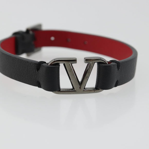 VALENTINO Bracelet Leather Black Silver Auth 198840A