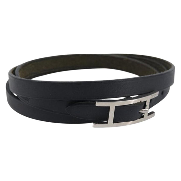 HERMES Api Choker Bracelet Leather Black Silver Auth 198841A