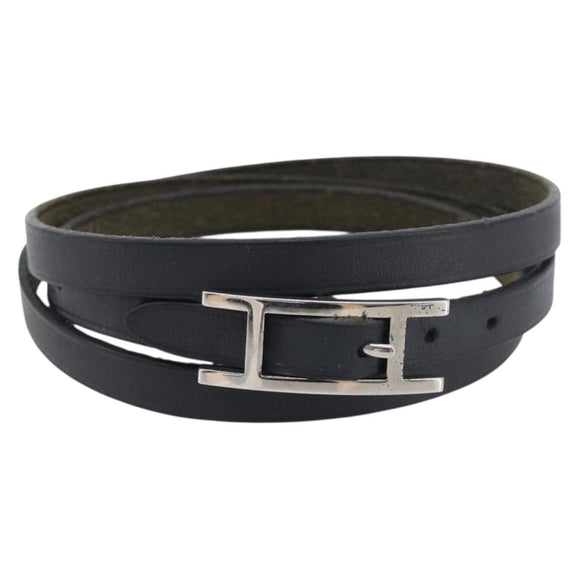 HERMES Api Choker Bracelet Leather Black Silver Auth 198841A