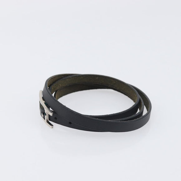 HERMES Api Choker Bracelet Leather Black Silver Auth 198841A