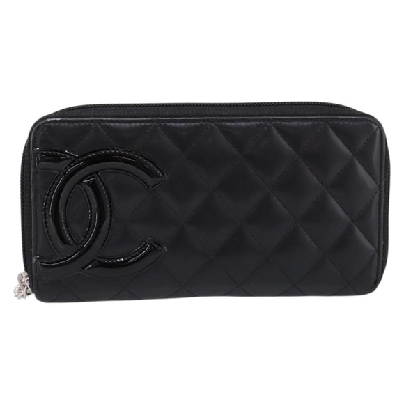 CHANEL Matelasse Cambon Line Long Wallet Leather Black Silver CC Auth 198869A