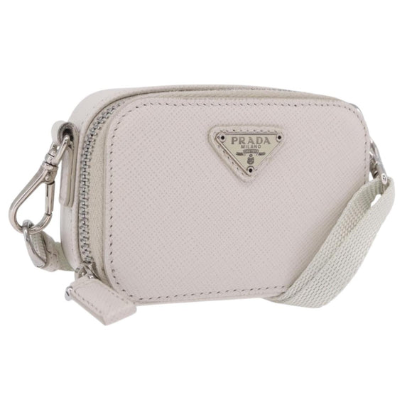 PRADA Shoulder Pouch Saffiano Ivory Silver Auth 198874V