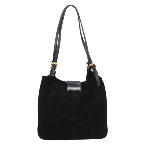 FENDI Mamma Baguette Tote Bag Suede Black Gold Tone Auth 198883A